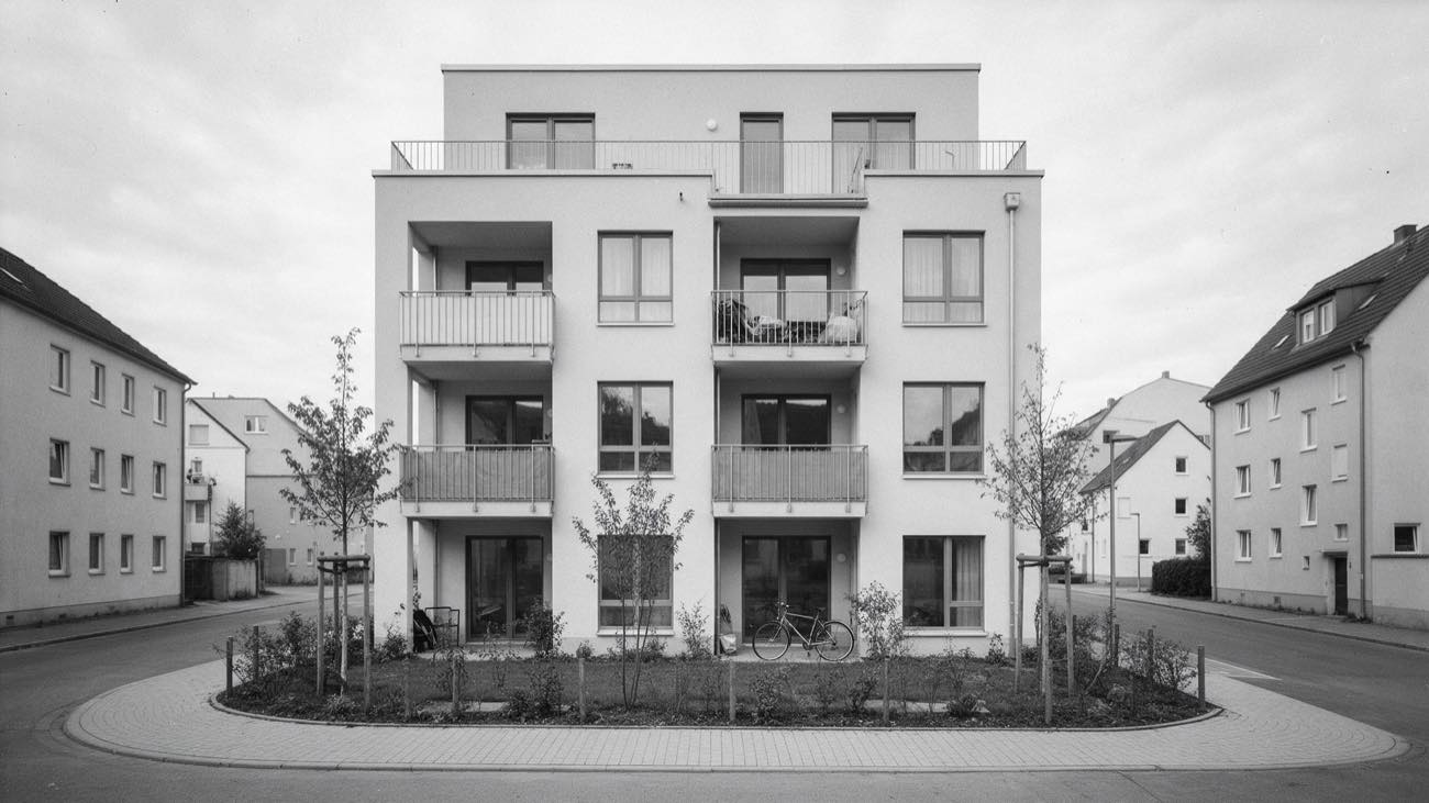 Neu gebautes Wohnhaus an einer Straßenecke, schwarzweiß
